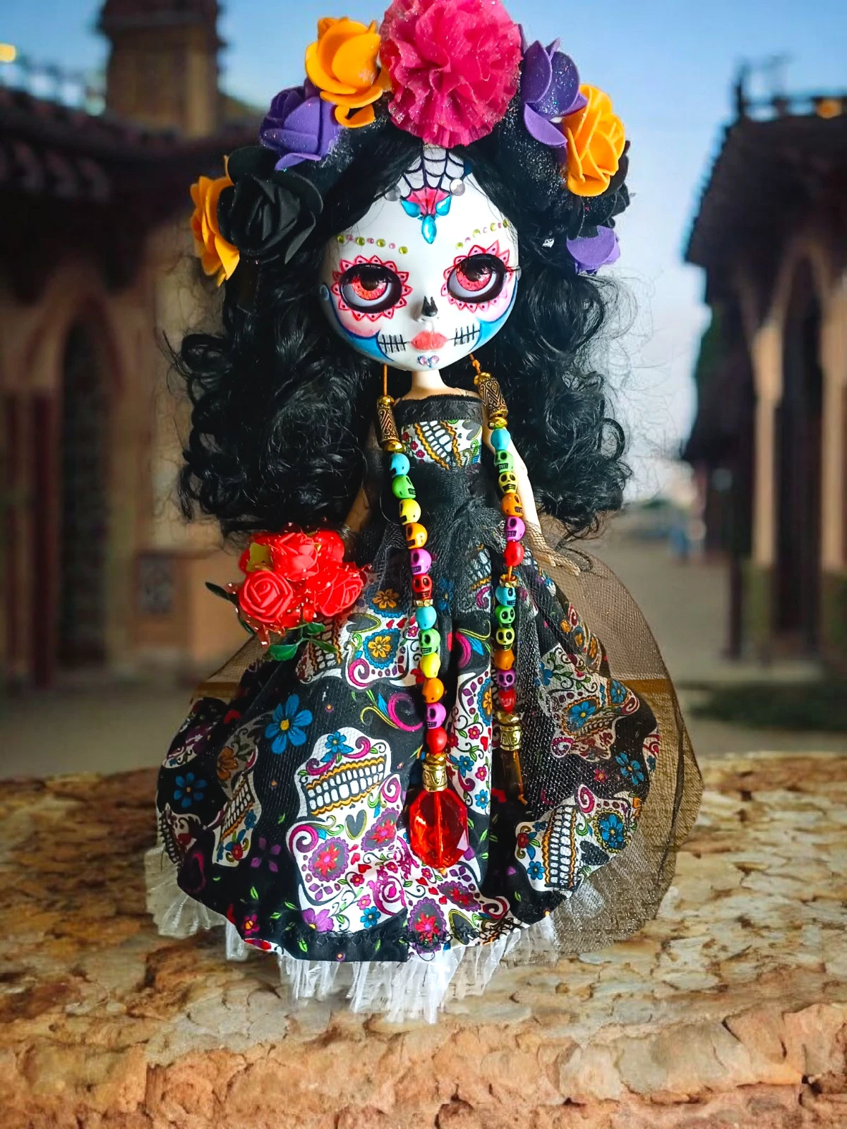 Sugar Skull- Dia de Los Muertos: OOAK Custom Blythe Doll w/mohair