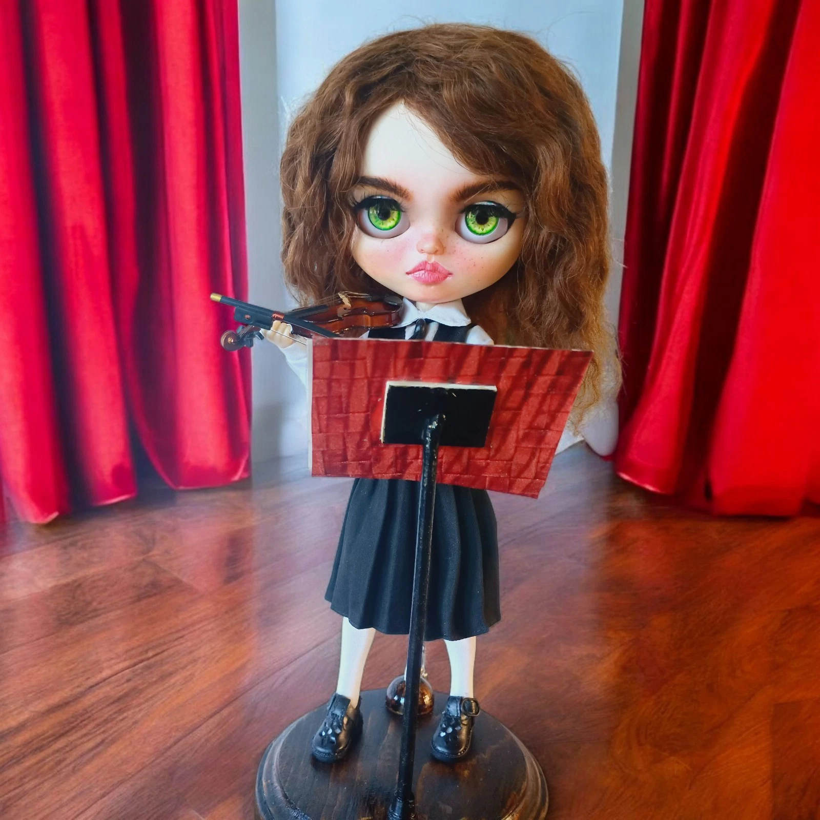 Violinist OOAK Custom Blythe Doll: w/Auburn Mohair & Custom Wooden Stand