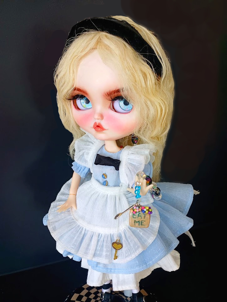 Alice in Wonderland: OOAK Blythe Doll w/Custom Wood Stand